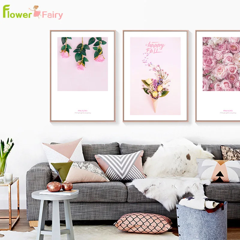 Pink Feather Rose Flowers Wall Art Canvas Painting Peony Nordic Poster Wall Pictures For Living Room Flamingo Decor Unframed