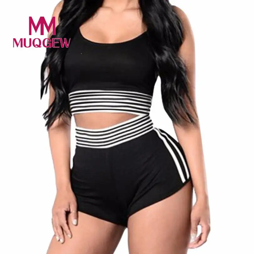 

NewHigh Recommend Women's Striped Sexy Active Tank Top Shorts 2 Piece Tracksuit rompers bodysuit womendrop shopping