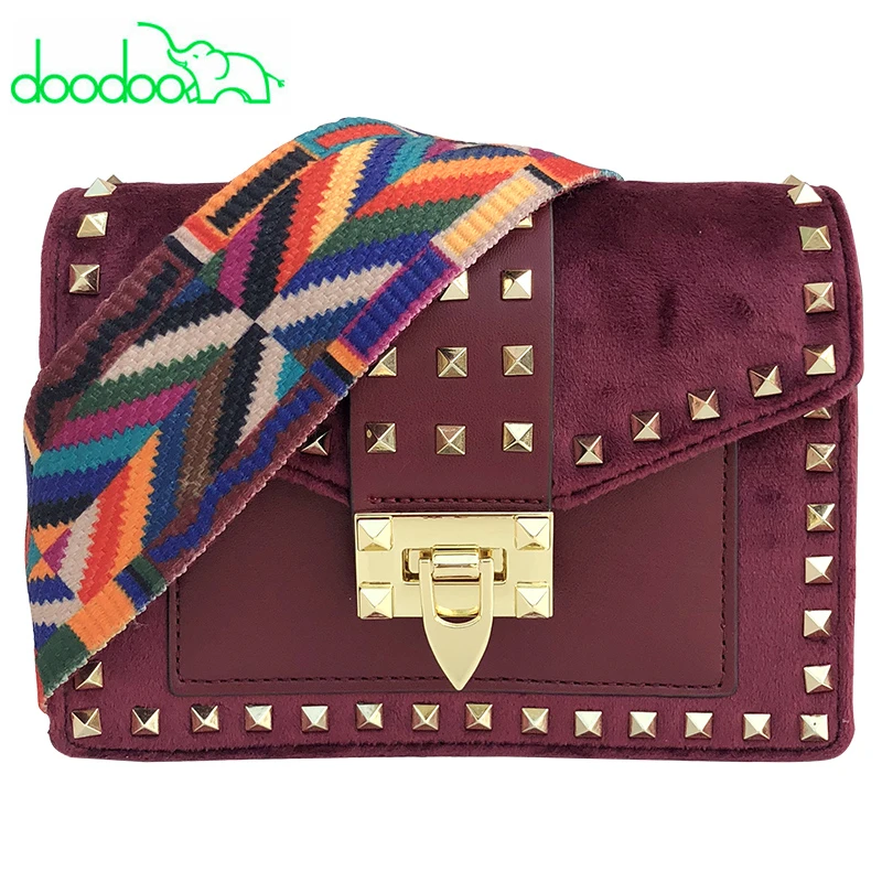 

2018 Ladies Velour Rivet Flap Colorful Wide Straps Shoulder Crossbody Bags Famous Designer High Quality Women Purses and Handbag