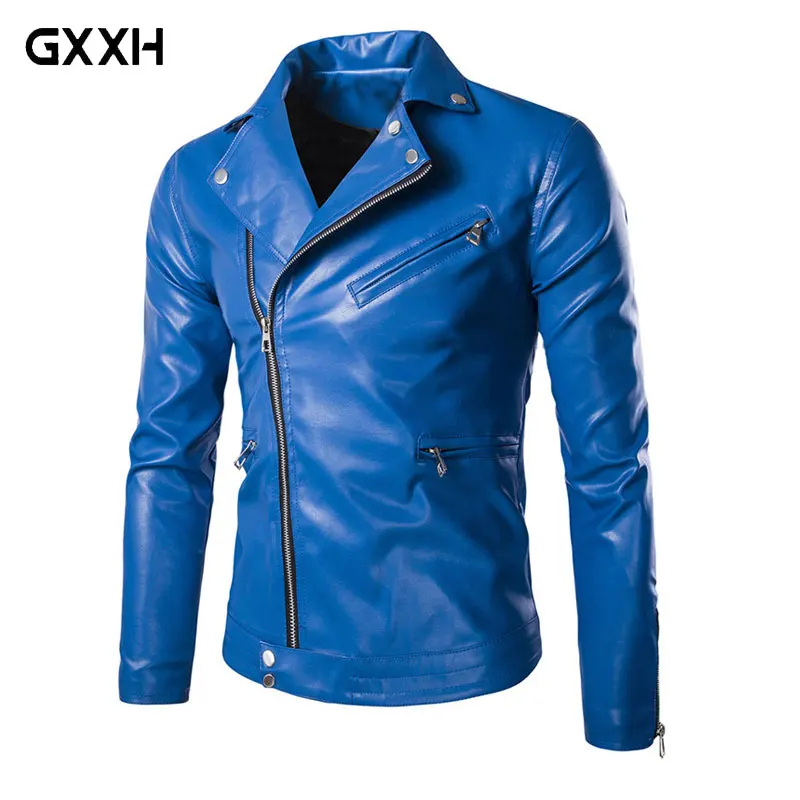 2018 autumn Men's Popular Handsome PU Leather Jacket Punk New Blue Black Leather Jackets Oblique Zipper Men  Size M-3XL 4XL 5XL 