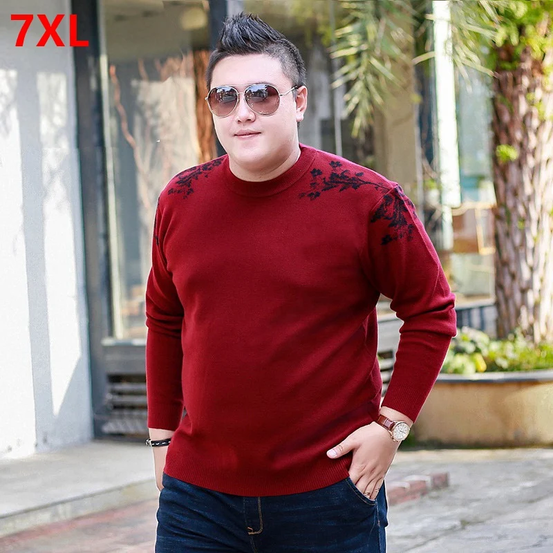 

Winter Men's Elastic Plus Fertilizer XL Round Collar Long Sleeve Knit Sweater Extra Large Thick Warm Sweater Red