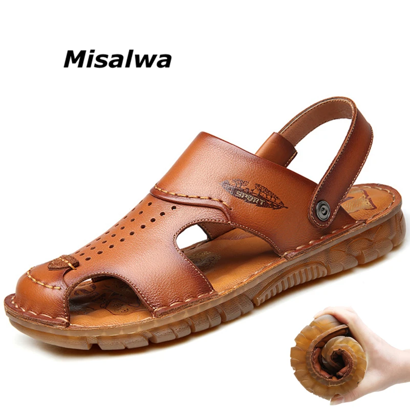 

Misalwa Anti Collision Genuine Leather Men Summer Sandal Hand Sewing Latex Pad Durable Casual Male Beach Outdoor Sandals Slipper