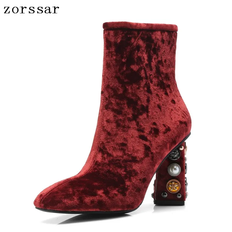 

{Zorssar} Fashion Rhinestone Flock Leather Womens Ankle Boots Winter Female Shoes Thick High heel Women short boots Size 34-43