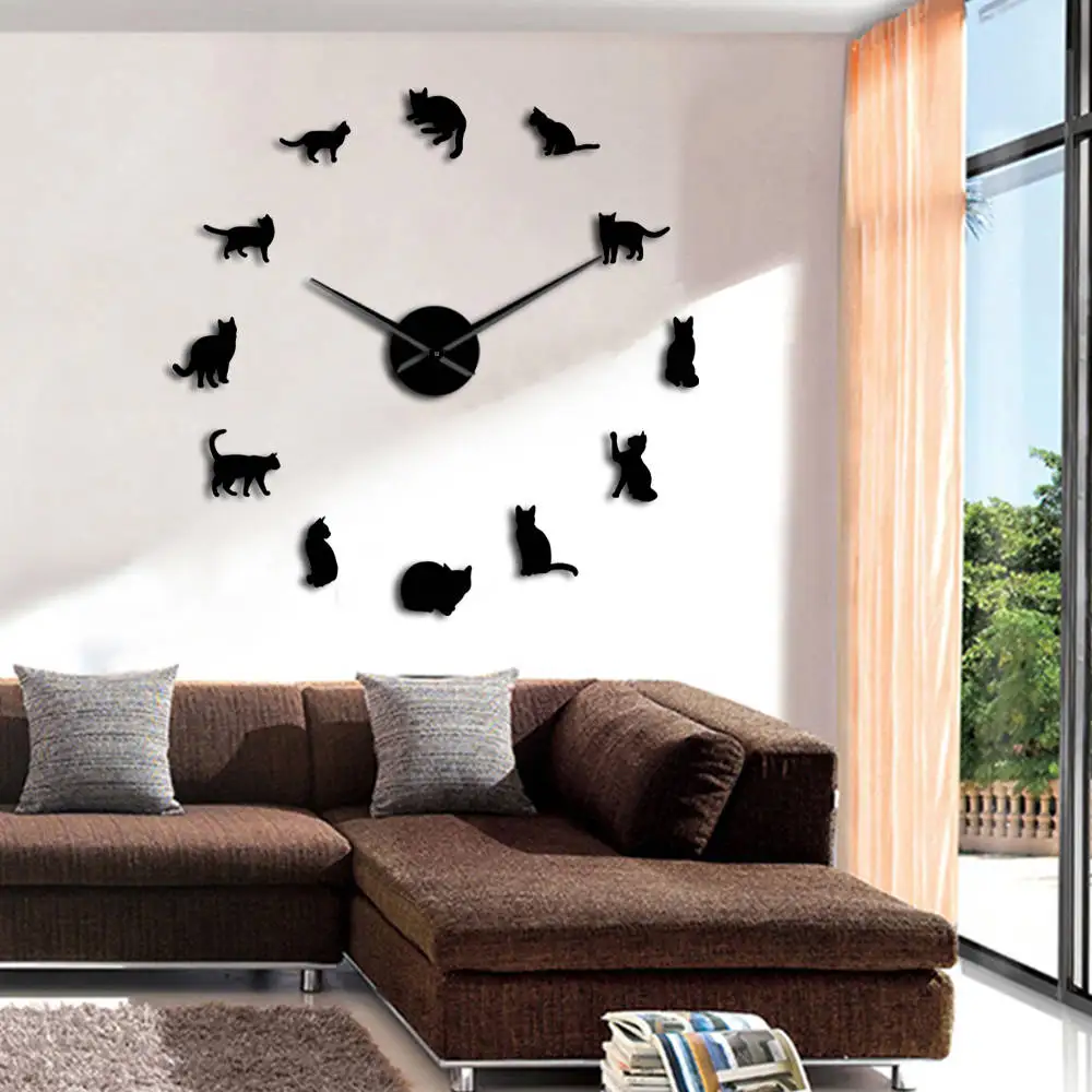 Бескаркасные кошки силуэт настенные художественные часы котята 3D DIY настенные часы подушка для декора "игривые кошки" формы большие иглы девушка комната комплект украшение - Цвет: Black