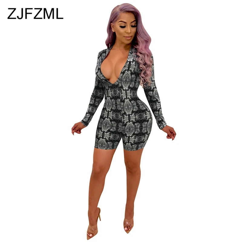 Snake Print Sexy Rompers Women Jumpsuit Retro Deep V Neck