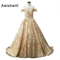 2019 золотые платья принцессы с цветочным узором для девочек на свадьбу, бальное платье, платья для первого причастия для девочек, пышные