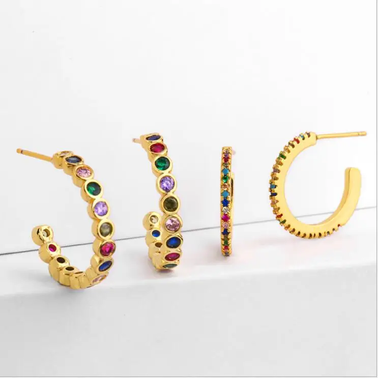

Fashion Circle Hoop Pave Multi Colorful Round Cubic Zirconia CZ Gold Color Delicate Minimal Multi Pierced Hoop Earring KE072