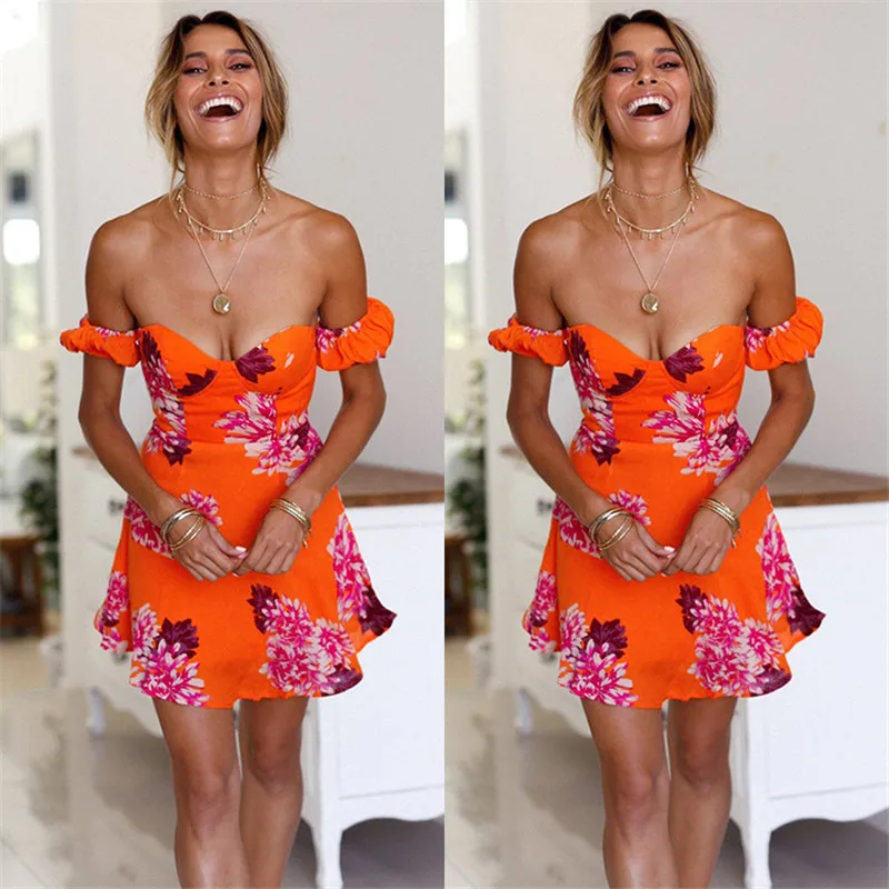 2018 Summer Backless Print Orange Bodycon Dress Women Sexy Party Dresses Strapless Off-Shoulder Dress Dresses