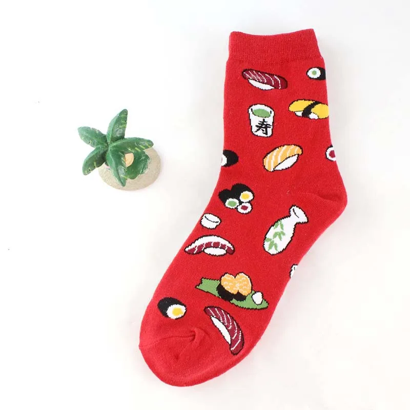 Харадзюку стиль кавайные Модные женские носки креативный мультфильм жизни еда суши шаблон длинные носки счастливые женские хлопчатобумажные носки