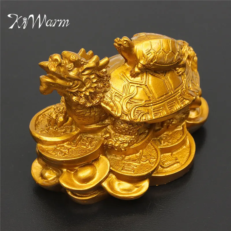 GOLD Feng Shui Dragon Turtle Tortoise Statue Figurine Coin Money Wealth 