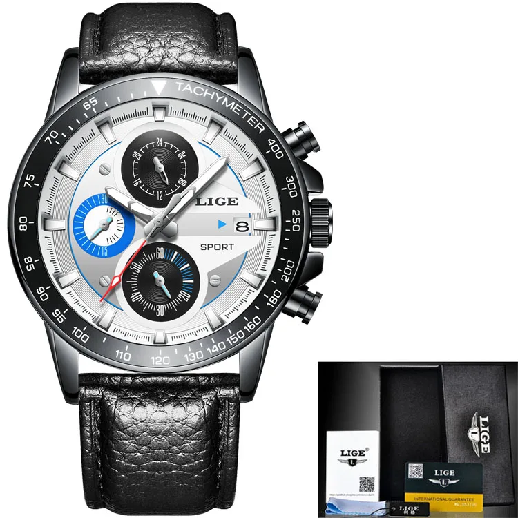 LIGE мужские часы Топ бренд класса люкс Модные Бизнес Кварцевые часы мужские спортивные полностью стальные водонепроницаемые черные часы relogio masculino - Цвет: leather black white