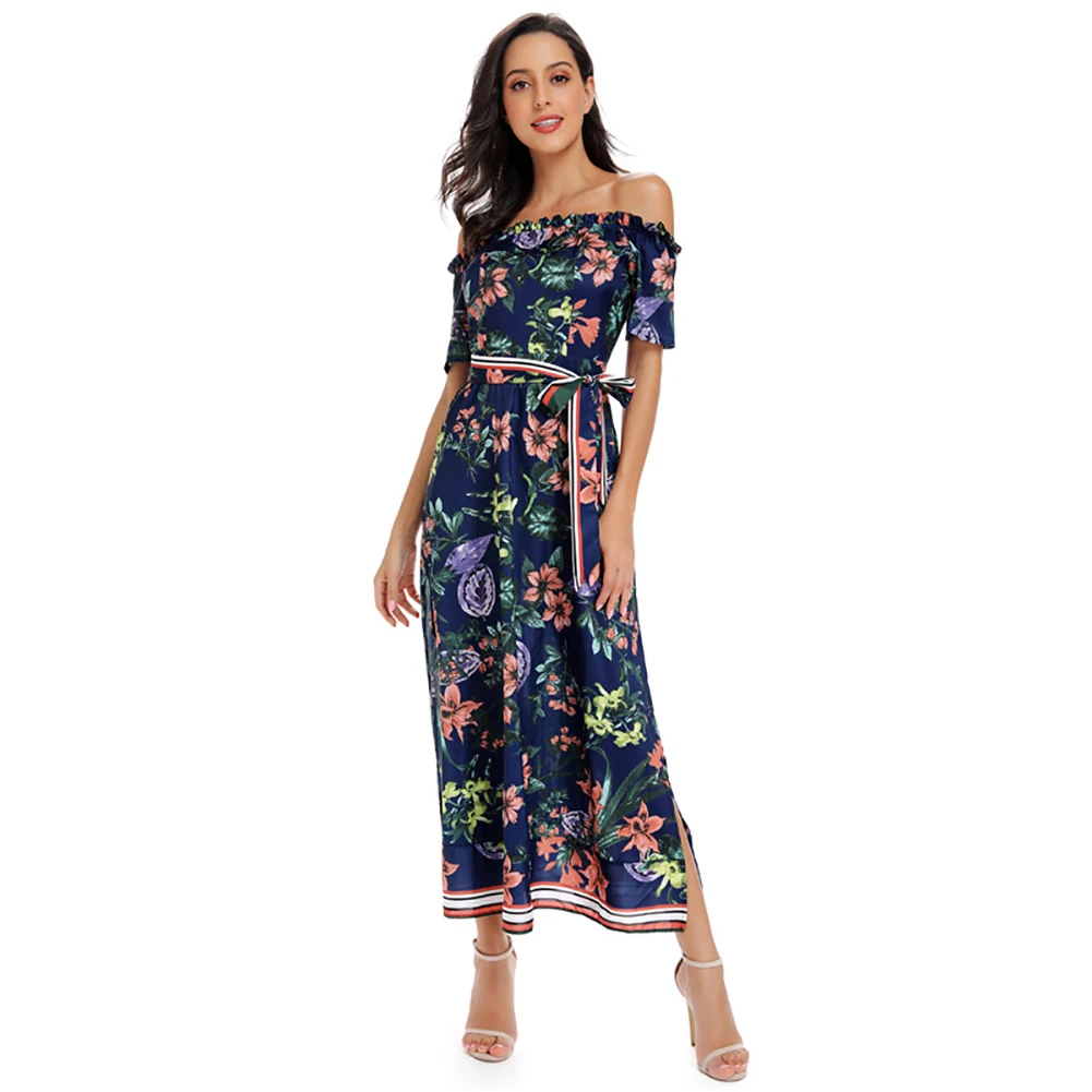 

Womens Boho Dresses 2019 Midi Chiffon Off Shoulder Party Sexy Lace Up A-line Women Dress Printed Side Slit Casual Beach Dress
