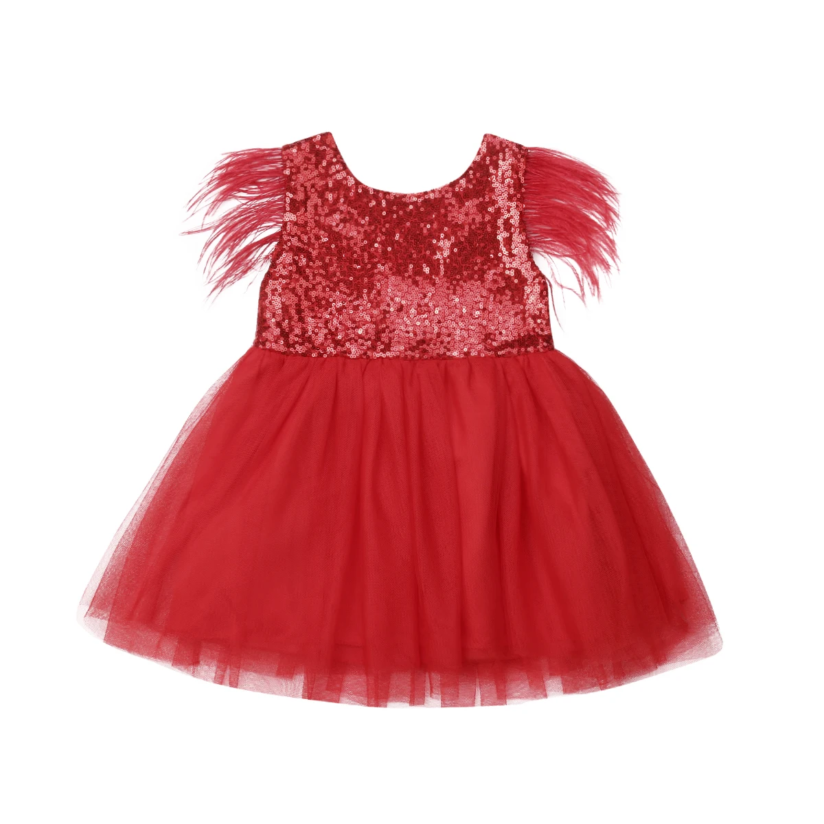 Рождественское красное платье для маленьких девочек; платье принцессы с блестками и юбкой-пачкой для маленьких девочек; вечерние платья с рукавами-перьями для девочек на свадьбу и день рождения - Цвет: Красный