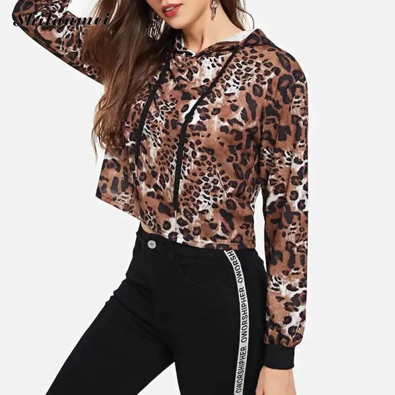 2018 Autumn Leopard Women Hoodies Print Crop Sweatshirts Long Sleeve 