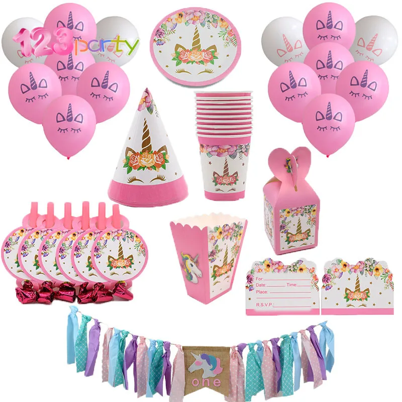 

123 Birthday Party Disposable Tableware Set Unicorn Party Paper Plate Cup Napkin Hat Tablecloth Kids Happy Birthday Supplies
