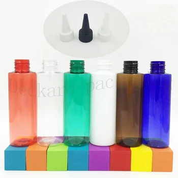 

40pcs/lot 120ml Multicolor Cosmetic Bottles with Flat Shoulder And Pointed Cap Heathy PET Sample Dispenser Dropper Capacity