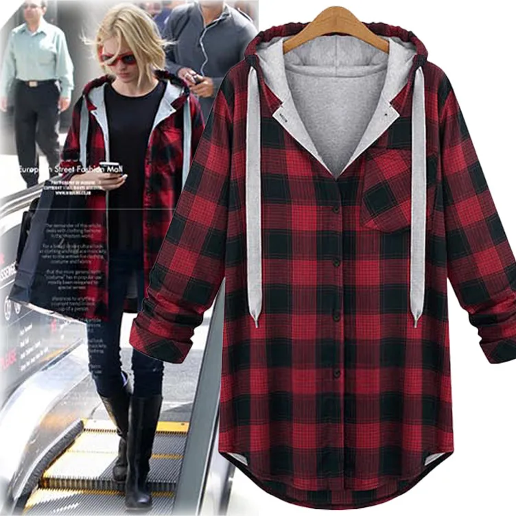 

2019 New Spring Women Hooded Plaid Long-sleeved Cardigan Jacket Women's Long Paragraph Thin Female Casual Shirt