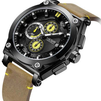 

Megir Top Brand Men's Brown Leather Strap Quartz Watches Chronograph Sports Wristwatch for Man 3 ATM Waterproof Army Clock Black