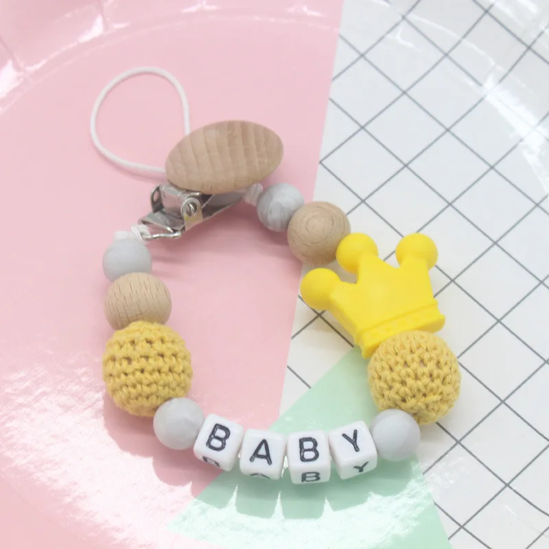 

Personalized Name Pacifier Clip Letter Silicone Teething Wood Beads Clip Wooden Teething Toy Pacifier Chain zawieszka do smoczka