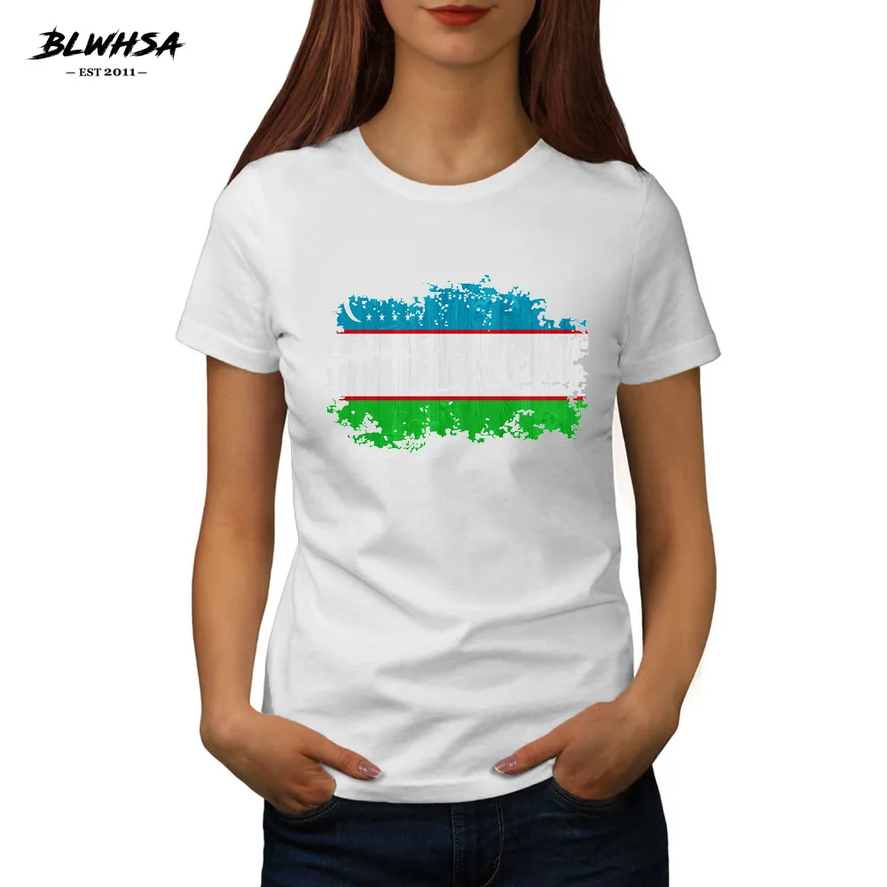 

BLWHSA Hight Quality Women Summer T-shirt Fashion Leisure O-Neck Uzbekistan Nostalgic Flag Print T Shirt Female Cotton Top
