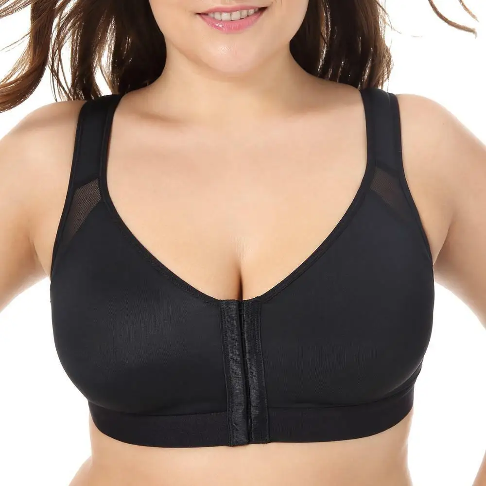 

Women Full Coverage Front Closure Wire Free Back Support Bra plus size solid color black nude adjusted straps push up bra