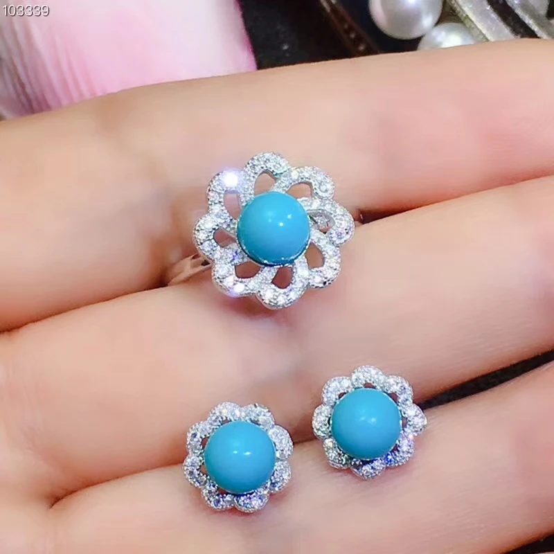 elegant blue turquoise ring and stud earrings jewelry set women ornament 925 Sterling silver fine jewelry round natural gem gift