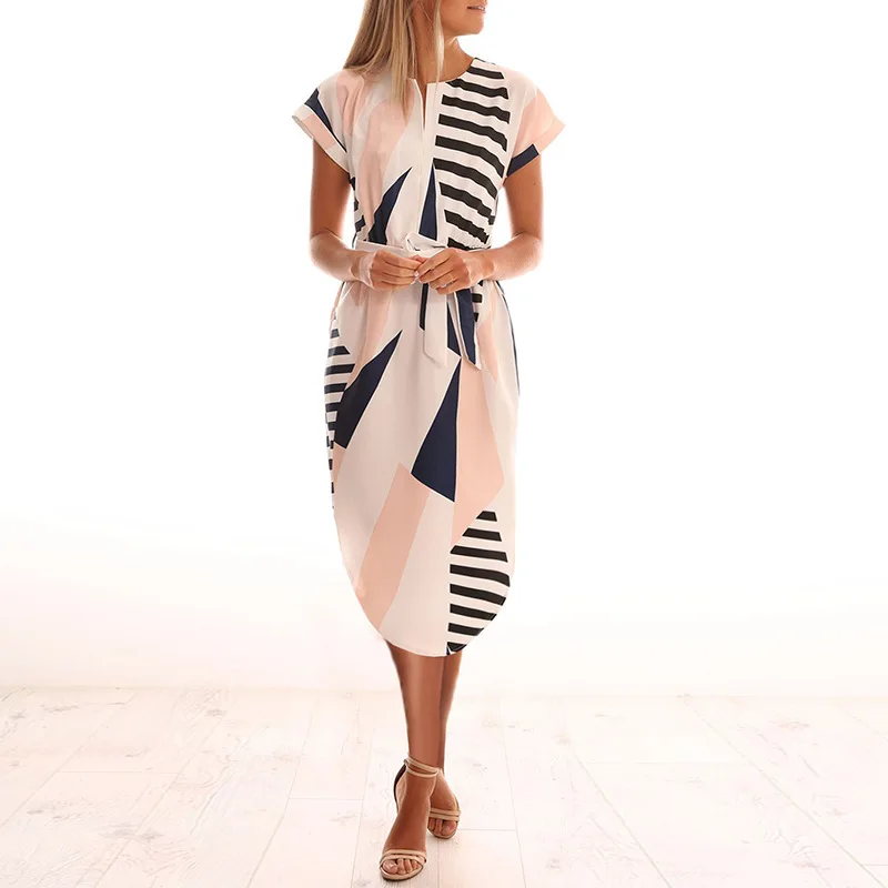 

Summer Women Beach Dress 2019 Geometric Print Short Sleeve Tunic Bandage Bodycon Dress Leisure Ladies Midi Party Dress Vestidos