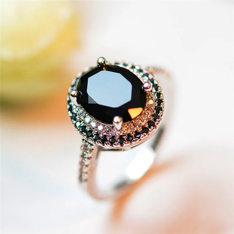 Crystal Female Big Black Stone Ring Luxury Silver Color Solitaire Engagement Ring Vintage Wedding Rings For Women Wedding Bands Aliexpress