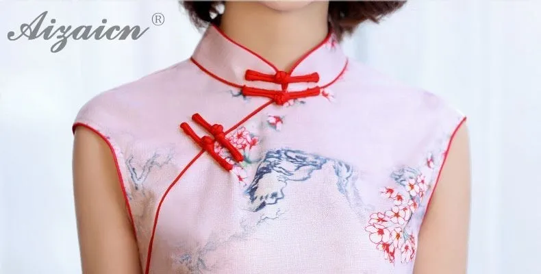 Новинка 2019 года розовый Cheongsam хлопок льняной с принтом туалетный модное платье шелк современный Qipao для женщин Традиционный китайский