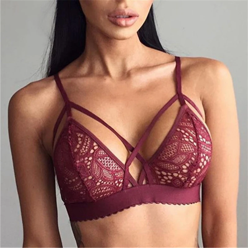 

Sexy Women Cross Bandage Crop Tank Top Floral Lace Bra Seamless Bralette Bustier fitness body building invisible fly bra