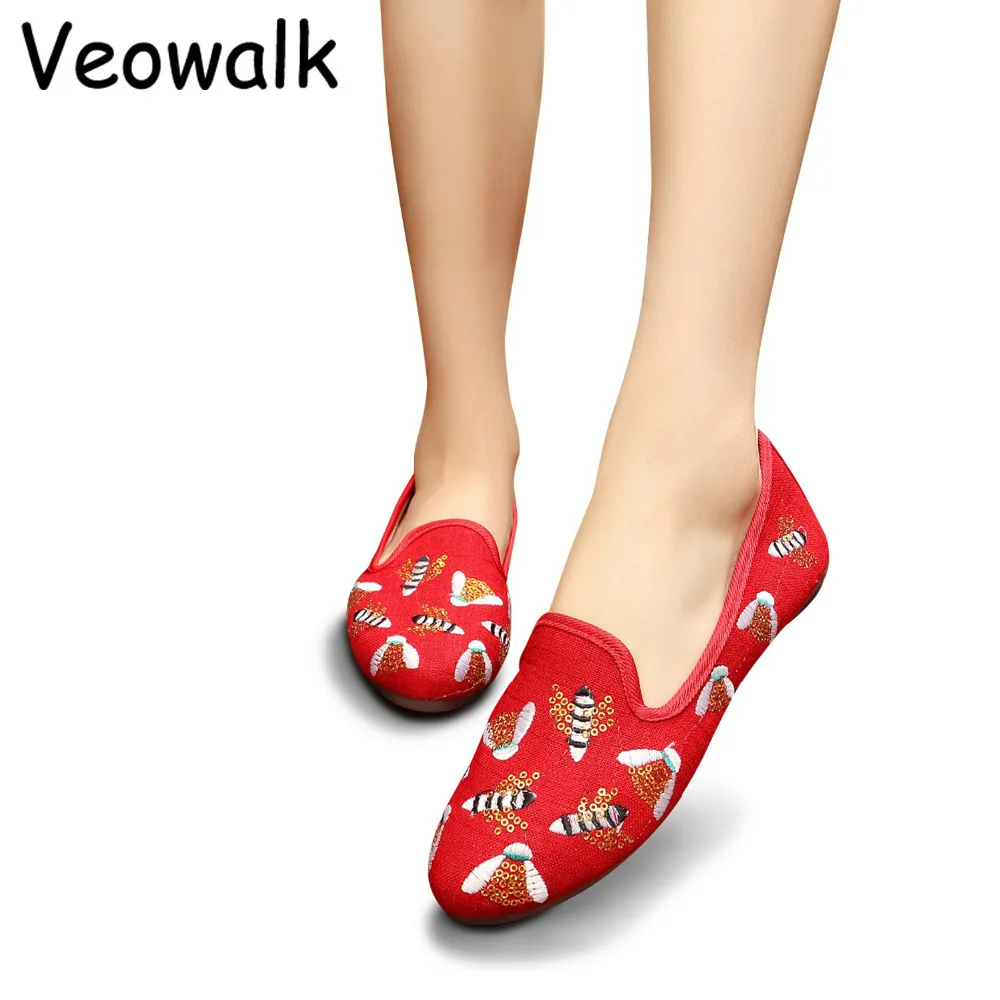 Veowalk Clean Bottoms Bees Embroidered Women Canvas Loafers Flats Slip ...