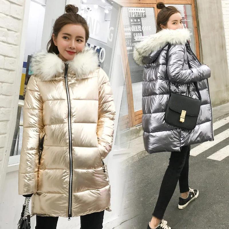 

Fashion Metal Golden Silver Bright Hooded Jacket Coat Women's Winter Warm Cotton Padded Long Parkas New Bomber Streetwear Parka