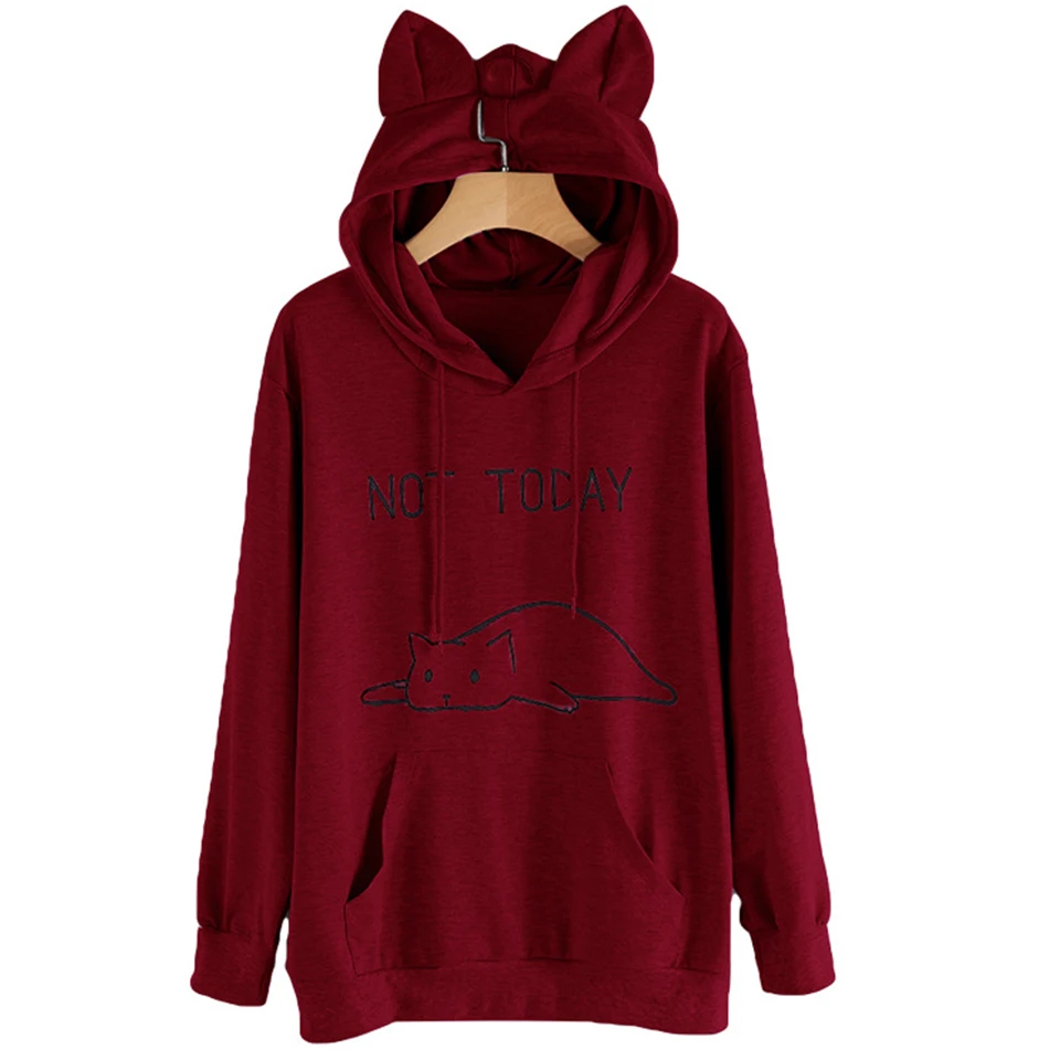 Толстовка Кот Kawaii Not Today Hoodie кошачьи уши Полерон Mujer 2019 5xl плюс Размеры кенгуру