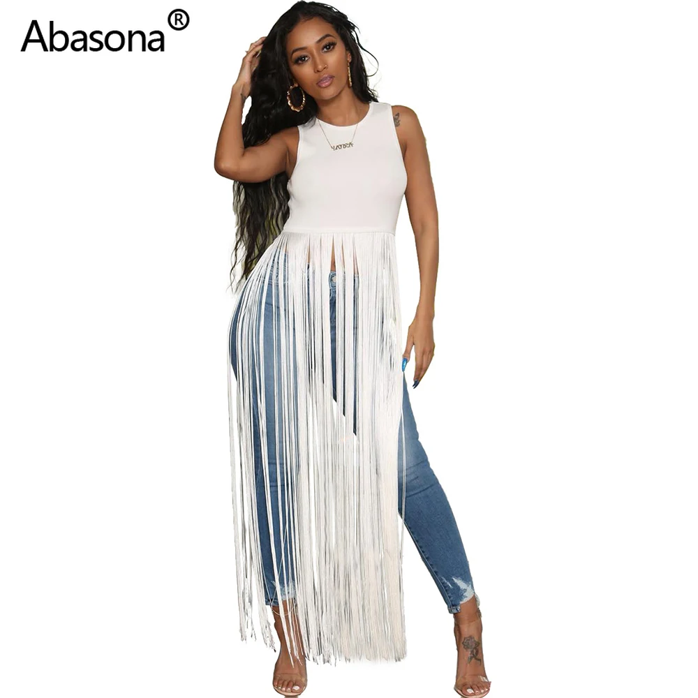 2019 sleeveless tassel patchwork tassel tank long tshirt dress fashion