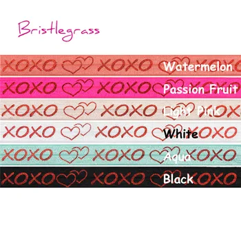 

BRISTLEGRASS Wholesale 50 Yard 5/8" 15mm XOXO Love Heart Red Foil Print Fold Over Elastic FOE Spandex Band Headband Dress Sewing