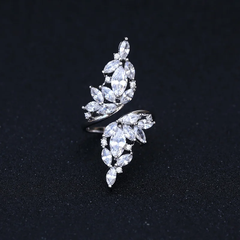 

clear white stone with white gold-color micro pave setting angel wings wedding ring for women