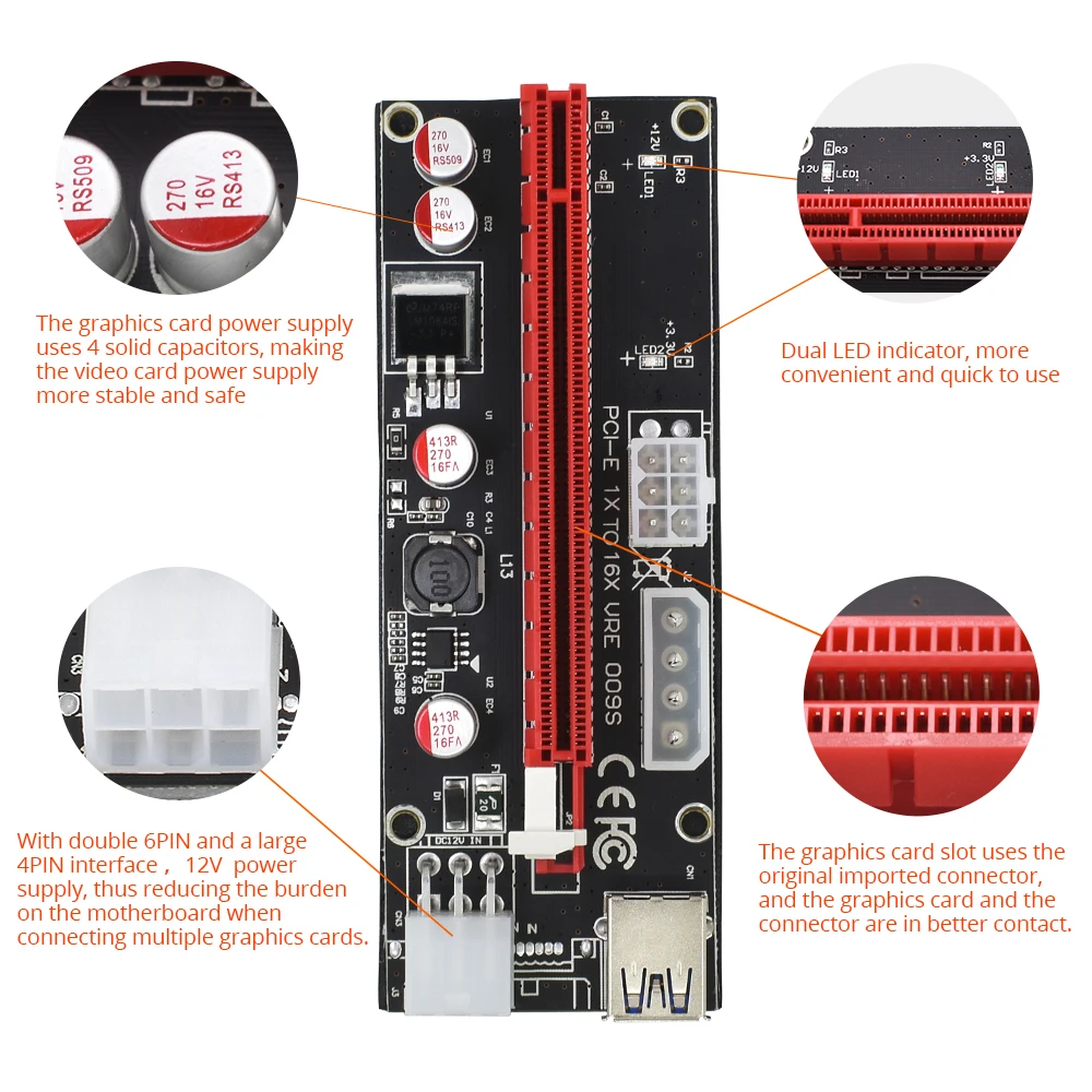 TISHRIC 10 шт. новейший PCI PCIE E Express 009 S Molex 6pin + 4 pin адаптер питания SATA к USB 3 0 кабель 1x 16X Riser