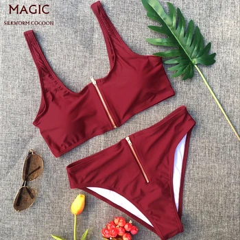 

6 Color Swimming Suit New Sexy Bikini Set Women Solid Swimsuit High Waist Zipper Bathing Suits Swim Halter Push Up Swimwear Red