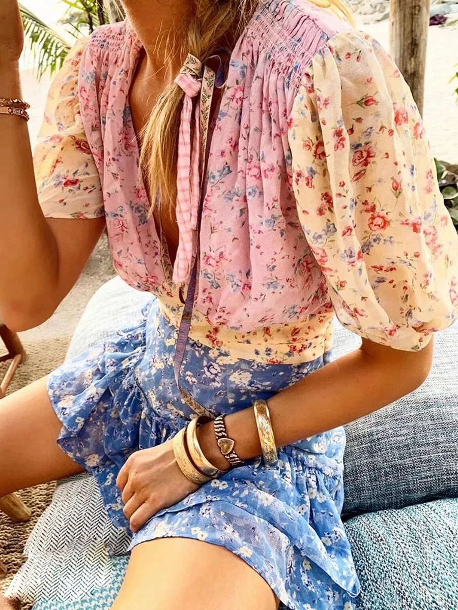 

Jastie Boho Chic Mixed Print Dress Puff Sleeve V-Neck Dresses Ruffle Bottom Hippie Mini Dress Women Clothing 2019 Summer Dresses