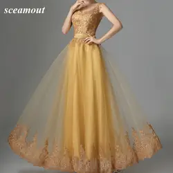 Желтое Золото кружево ужин длинное вечернее платье 2019 Новое поступление халат de soiree длинное официальное Вечернее vestidos de festa