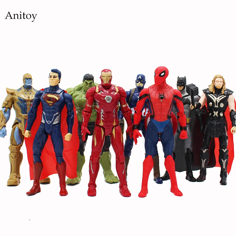 

8 pcs/set Marvel Super Heroes Iron Man Spiderman Captain America Thor Thanos PVC Action Figures Toys 16.5-17.5cm legends
