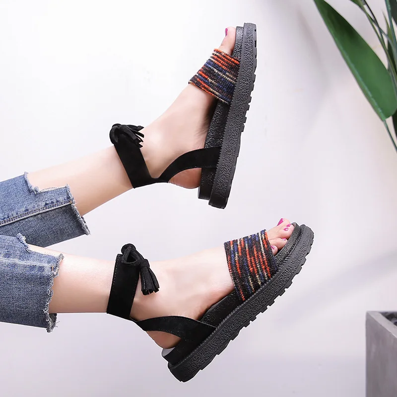 Johnature Ankle-wrap Casual New Summer Platform Sandals Lace-up Mixed Colors Sewing Retro Flat With Rome Style Women Shoes