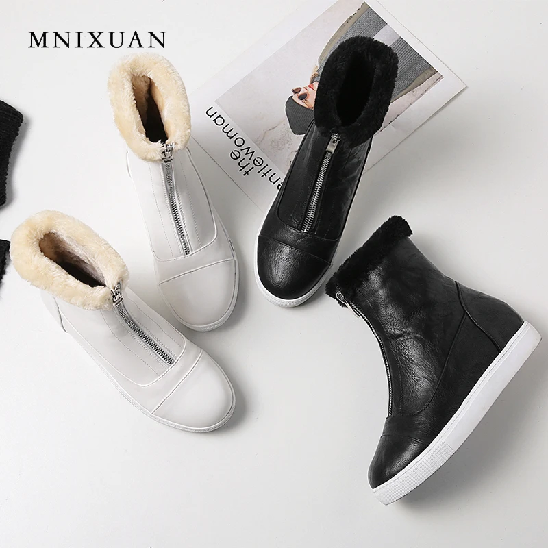 

MNIXUAN winter women shoes warm snow boots ankle boots fashion zipper flat platform increased plush cotton shoes big size 34-43