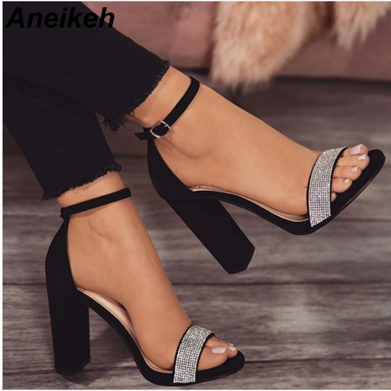 

Aneikeh 2019 Fashion Flock Women Sandals Diamond Ankle Buckle Strap Square High Cover Heels PU Round Toe Office Black Size 35-42