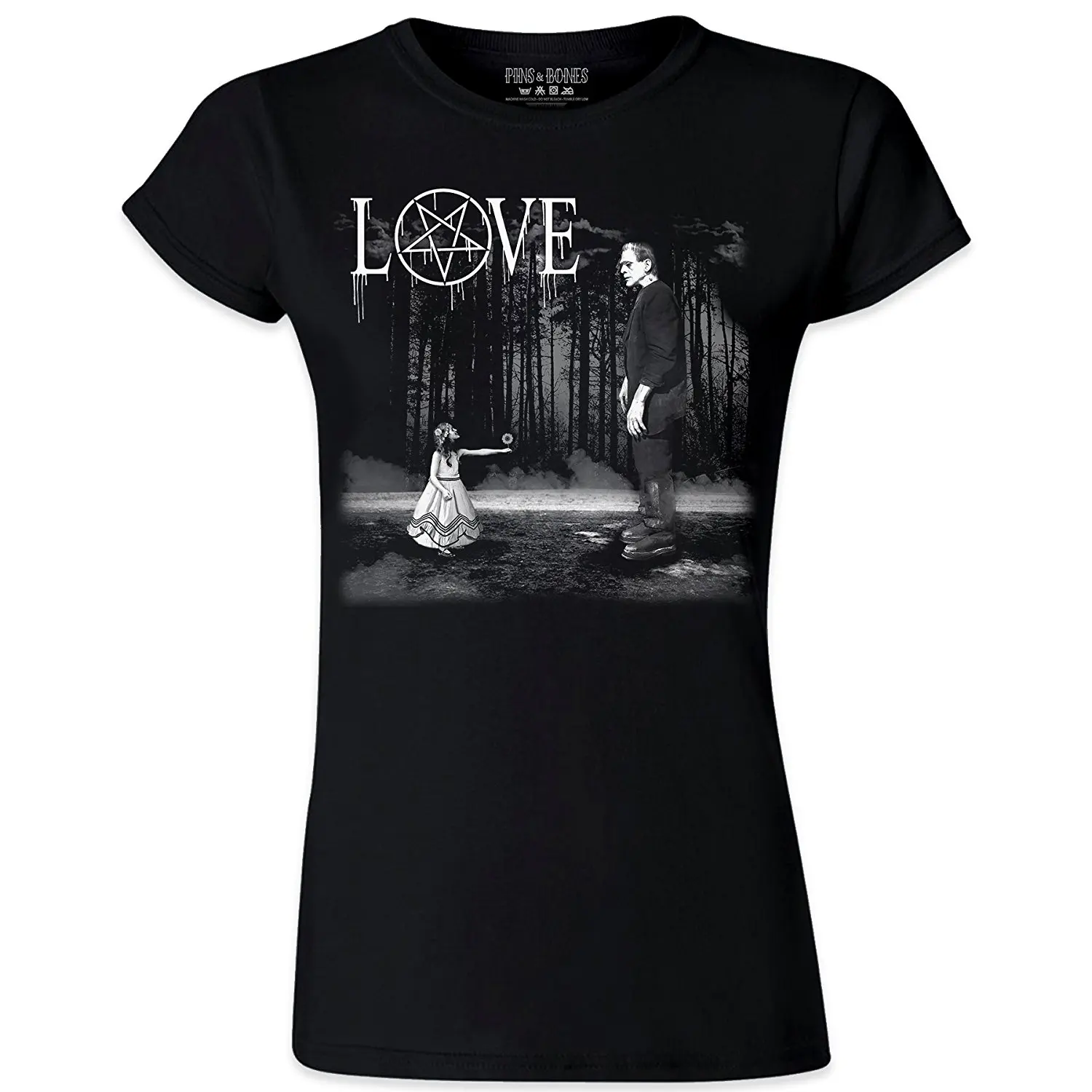 Women's Valentine's Day Frankenstein Love Flower Black T Shirt Women Flash Summer Short Sleeves T-Shirt Fashion Novelty