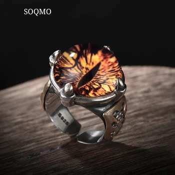 

SOQMO 925 Sterling Silver Cool Ghosts Eyes 2 Colors Rose Red Yellow Stone Rings for Men Vintage Gothic Ring Punk Mens Jewelry