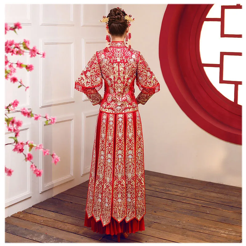 Китайский стиль свадебное платье свадебное вышивка cheongsam элегантный тост костюмы за рубежом традиционные невесты Qipao платья для женщи