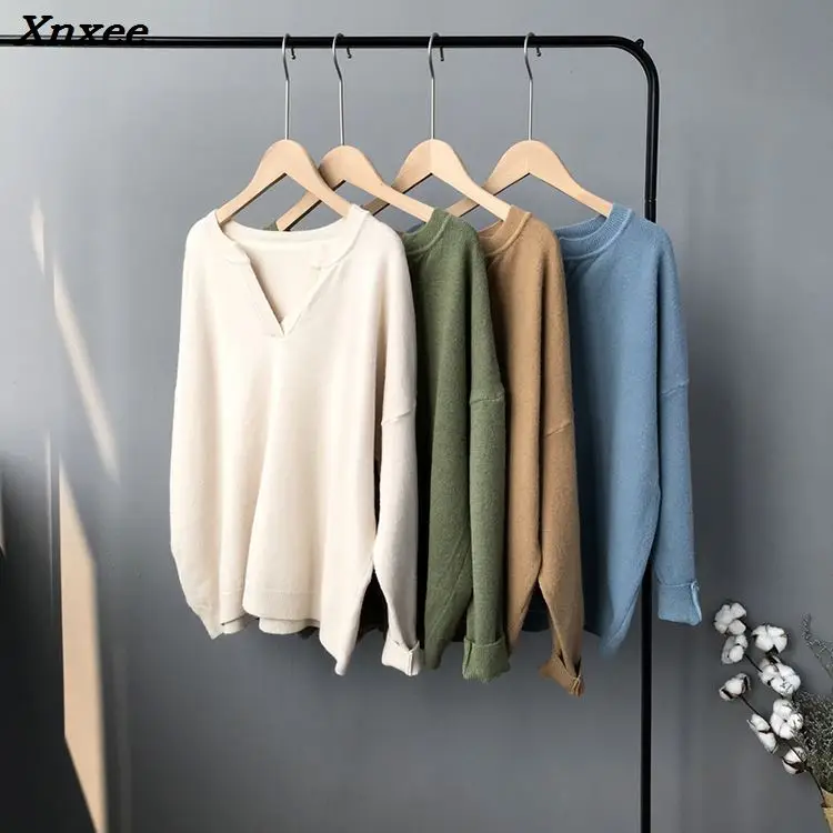 Xnxee Autumn Knitted Pullover Chic Solid V Neck Knitting Femme Harajuku Loose Women Khaki Blue White Sweater Pullover Jumper Xnxee Autumn Knitted Pullover Chic Solid V Neck Knitting Femme Harajuku Loose Women Khaki Blue White Sweater Pullover Jumper
