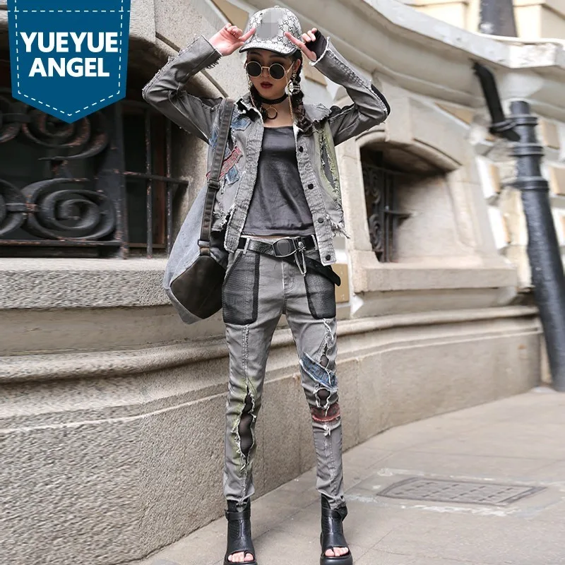 

High Street Ropa Mujer 2019 Gray Patchwork Long Sleeve Short Jacket Hole Ripped Denim Trousers Women 2 Piece Set Hip Hop Clothes