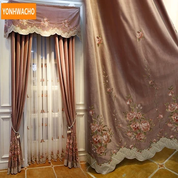 

Custom curtains Living room high-end luxury American velvet embroidered pink cloth blackout curtain tulle panel valance B392